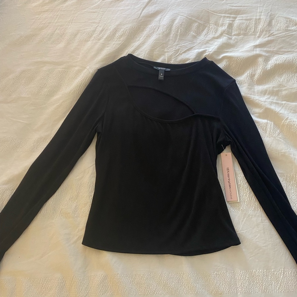 NWT AQUA BLACK LONG SLV W FRONT CUTOUTS